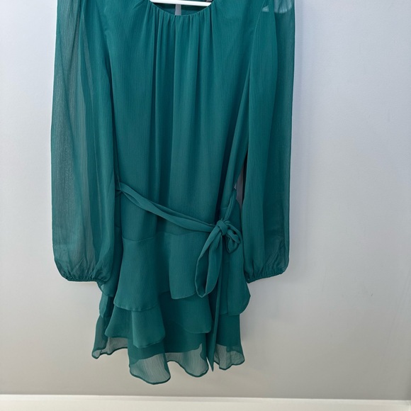 EXPRESS Long Sleeve Tie Waist Tiered Ruffle Fit And Flare Dress Small Green - Picture 14 of 14